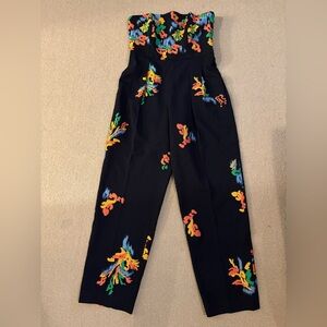 Beautiful New Lafayette 148 Floral Embroidered Black Strapless Jumpsuit, Size 4